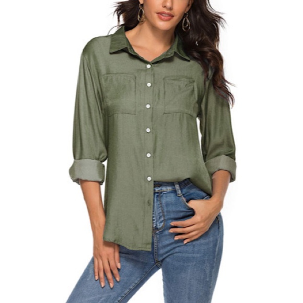 Cotton Shirt Women Long Sleeve Button Down Chambray Military Green Small